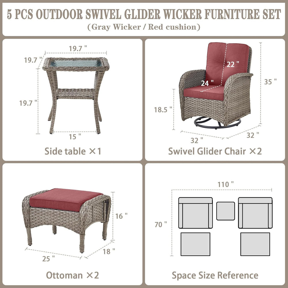 Belord 5 Piece Swivel Rocker Glider Outdoor Chairs Set of 2 with Ottoman and ...
