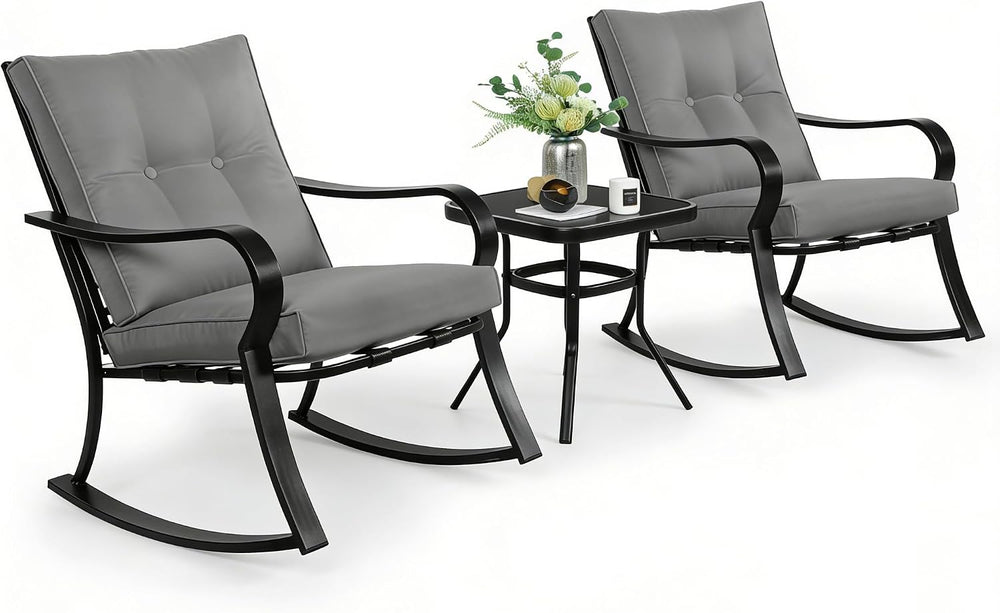 SUNCROWN Outdoor 3-Piece Rocking Chairs Patio Bistro Set Black Steel Furnitur...
