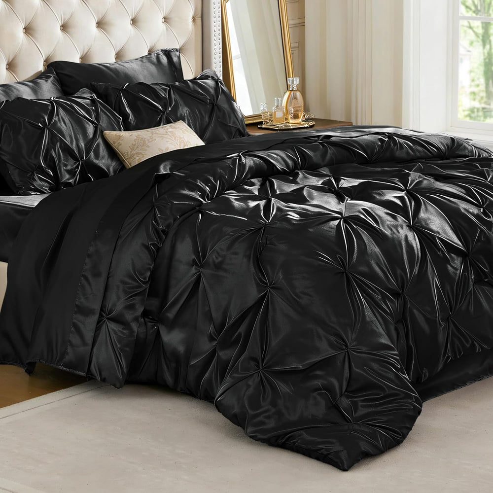 BEDELITE Satin Comforter Set Queen, 7 Pieces Pintuck Bed in A Bag, Black