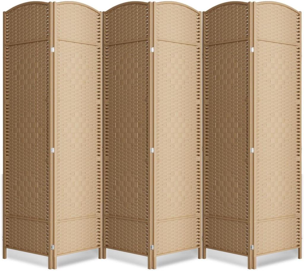 6 Panel Folding Room Divider,Woven Privacy Screen,Light Beige