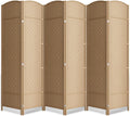 6 Panel Folding Room Divider,Woven Privacy Screen,Light Beige