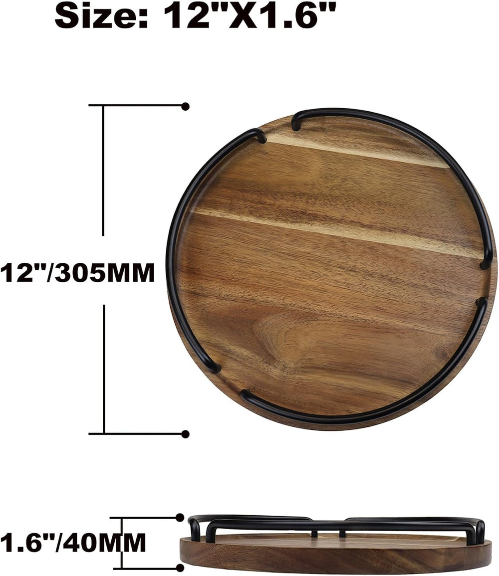Round Wooden Serving Tray - Rustic Style Decorative Tray for Coffee Table, Li...