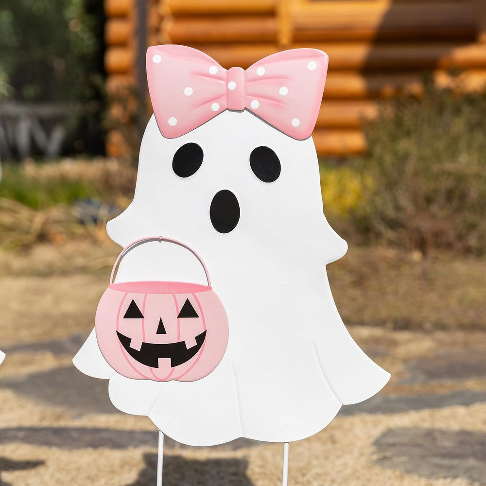 Glitzhome Halloween Ghost Yard Sign Set of 2, Cute Outdoor Ghost with Witch B...