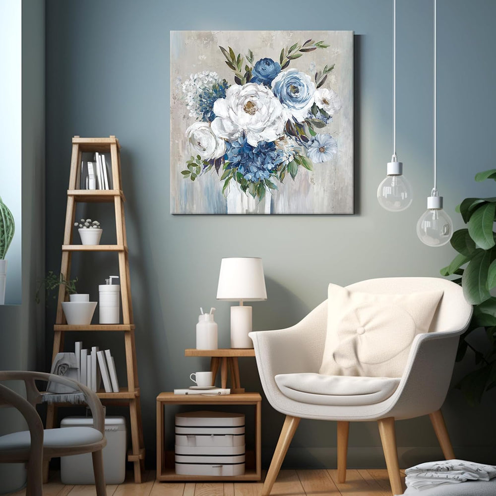 Goldfoilart Blue Flower Wall Art for Living Room White Floral Canvas Pictures...