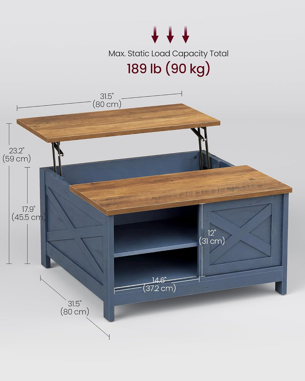 VASAGLE Farmhouse Coffee Table with Storage, Lift Top, Hidden Compartment