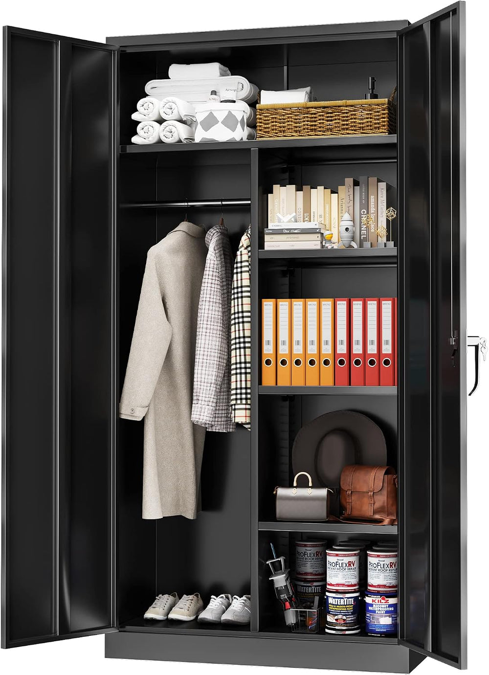 Greenvelly Metal Storage Wardrobe with 2 Doors, Black 72” Steel Storage Wardr...