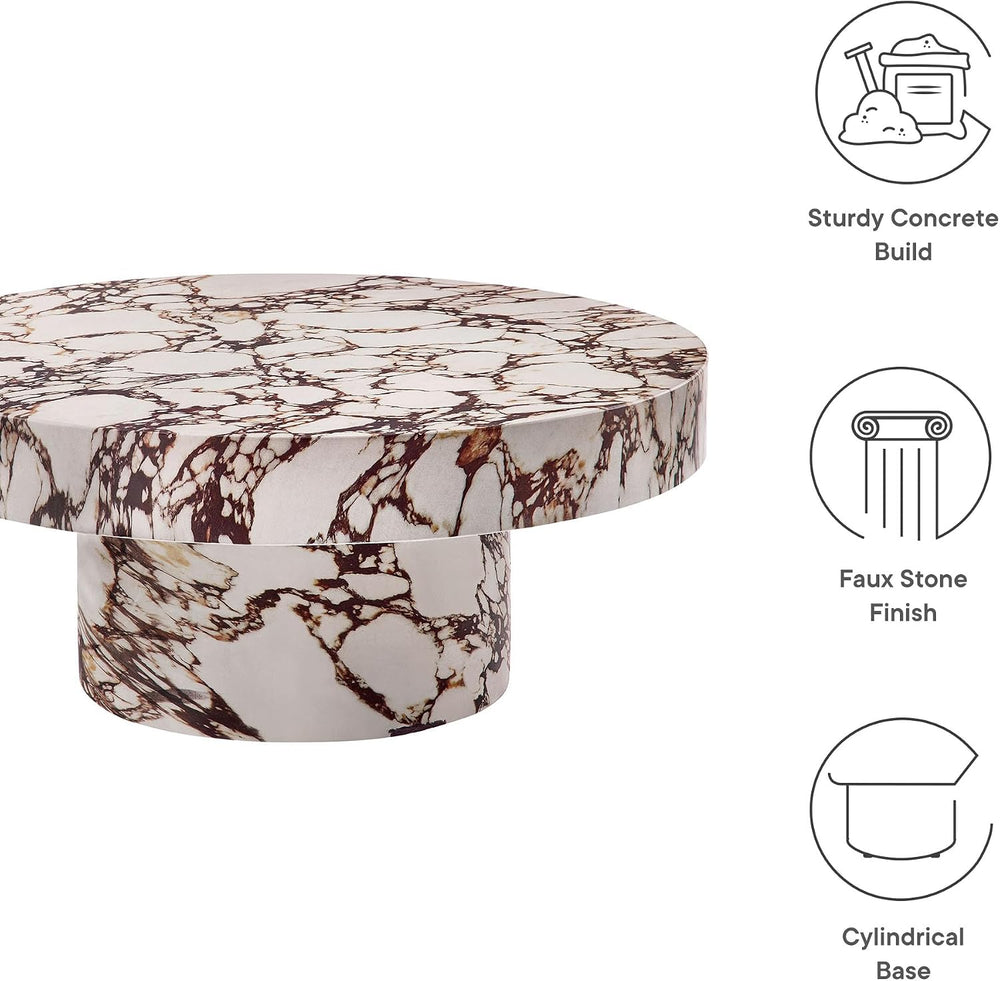 Modway Alora Round Concrete Coffee Table with Faux Stone Finish in Red Marble...