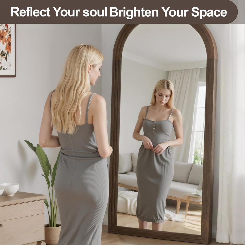 Delma Arched Full Length Mirror with Stand, 75x35 Brown Wood Floor Mirror