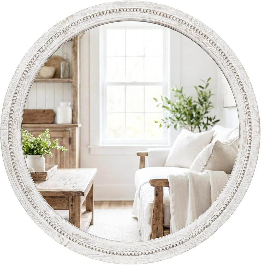 Solid Wood 30 Inch Round Beaded Bathroom Mirror, Distressed White