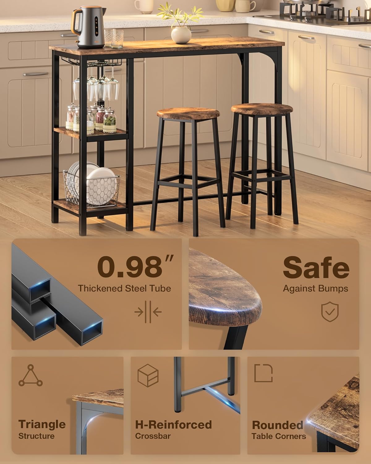 Qsun 3-Piece Bar Table Set for 2 | Bar Height Table with Stools & 2 Storage Shelves, Small Bar Table Set with Glass Rack, Small Kitchen Table for Dining Room