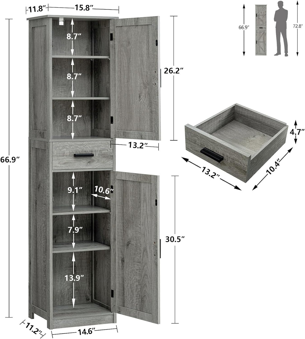 TEENFON Tall Bathroom Cabinet, Storage Cabinet with 6 Shelves & Drawer