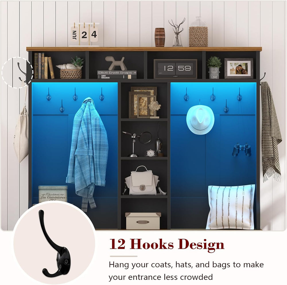 Black Hall Tree with Bench and Shoe Storage, Entryway Bench with Coat Racks