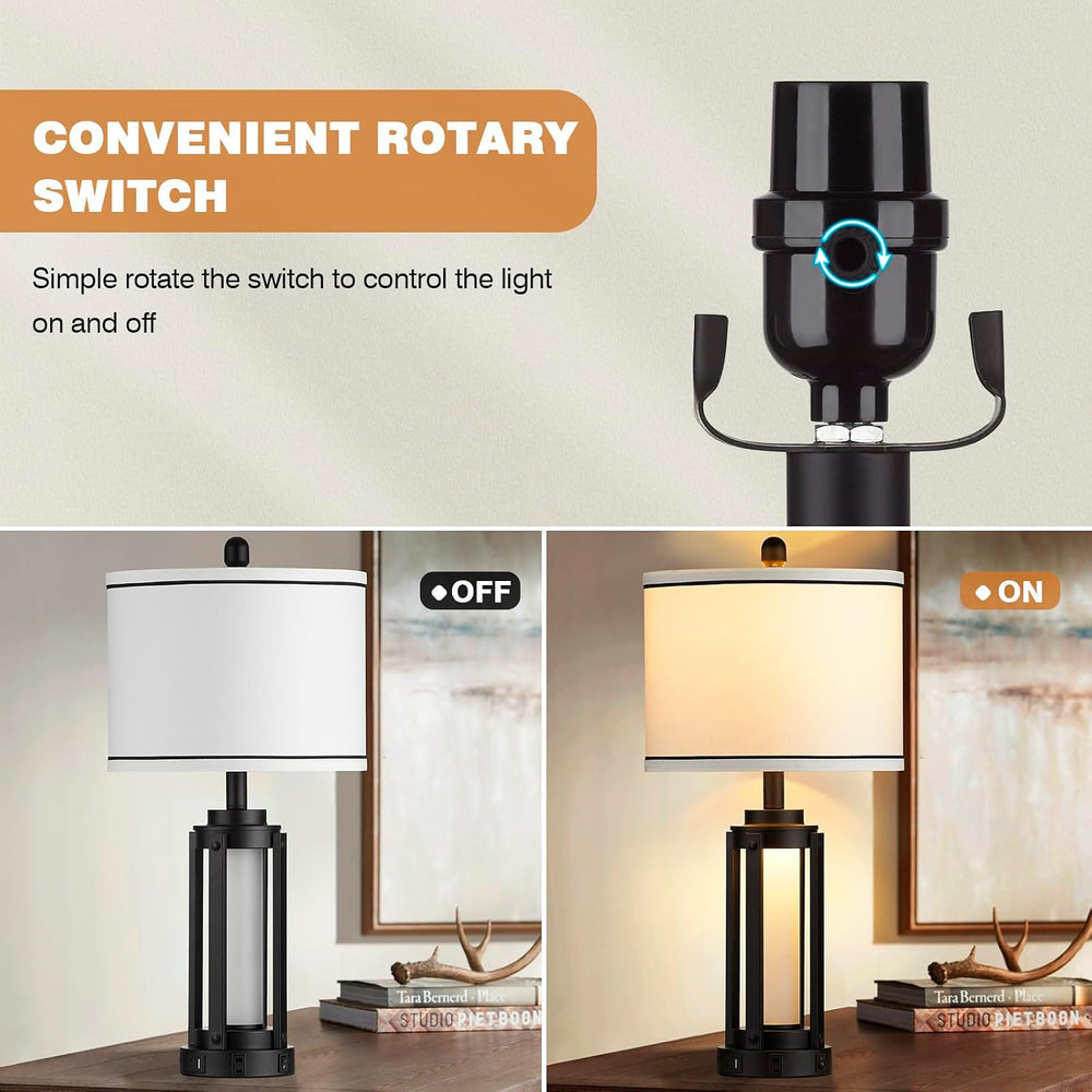 25" Modern Table Lamps Set of 2, Industrial Beside Lamps with USB A+C Ch...