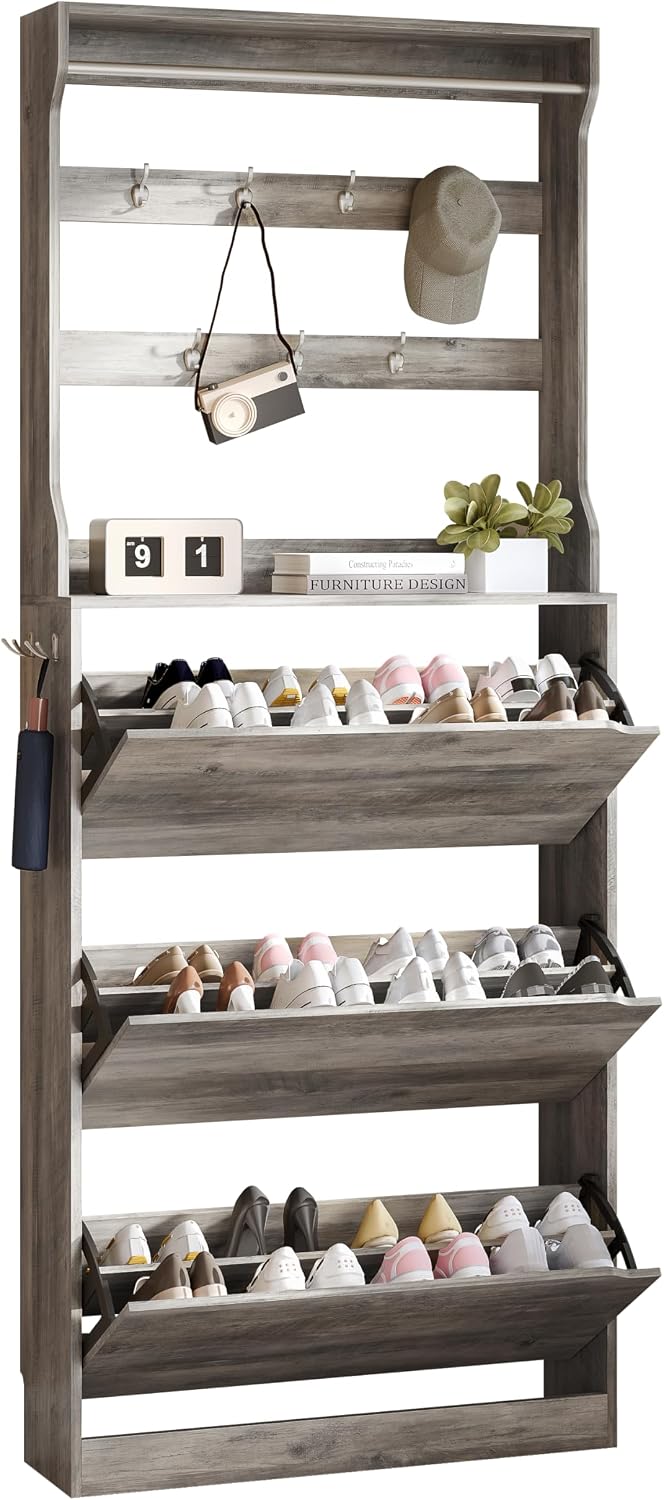 Wodeer Tall Shoe Cabinet with Coat Rack, Hidden Shoe Storage Cabinet with Doo...