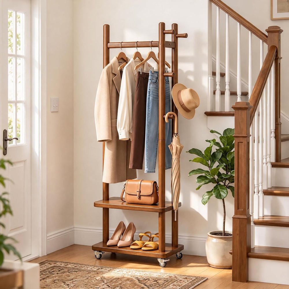 Taitiy Coat Rack Solid Wood Stand Storage 2 Shelves 5 Hooks Entryway