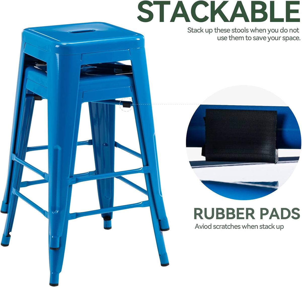 24 Inch Metal Bar Stools Set of 2, Stackable for Indoor Outdoor, Blue