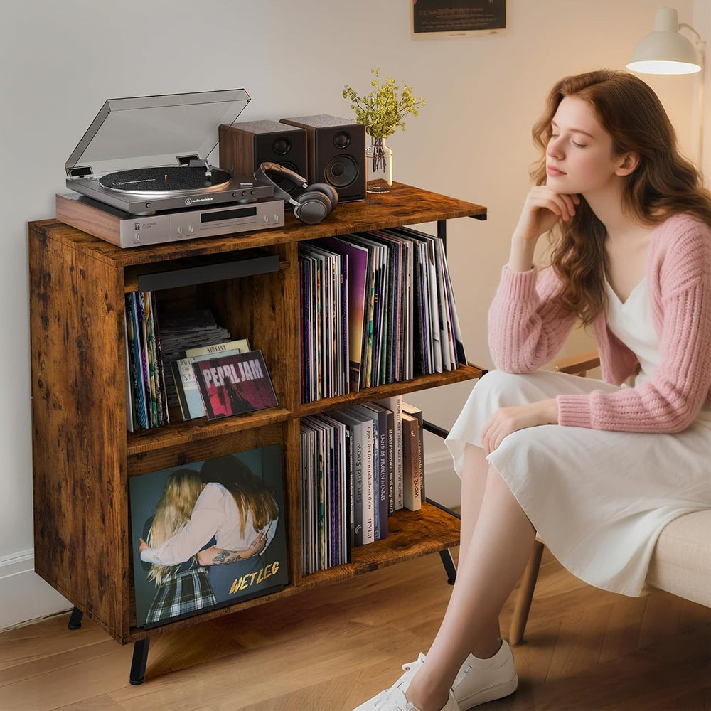 Faesun 3 Tier Record Player Stand with Flip-Down Record Shelf, Rustic Brown