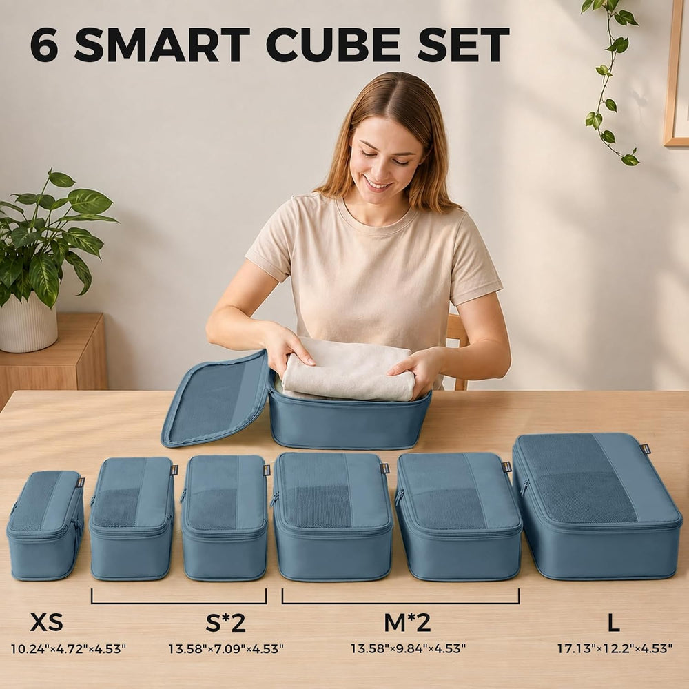 6 Piece Compression Packing Cubes for 7–14 Day Travel, Gray Blue