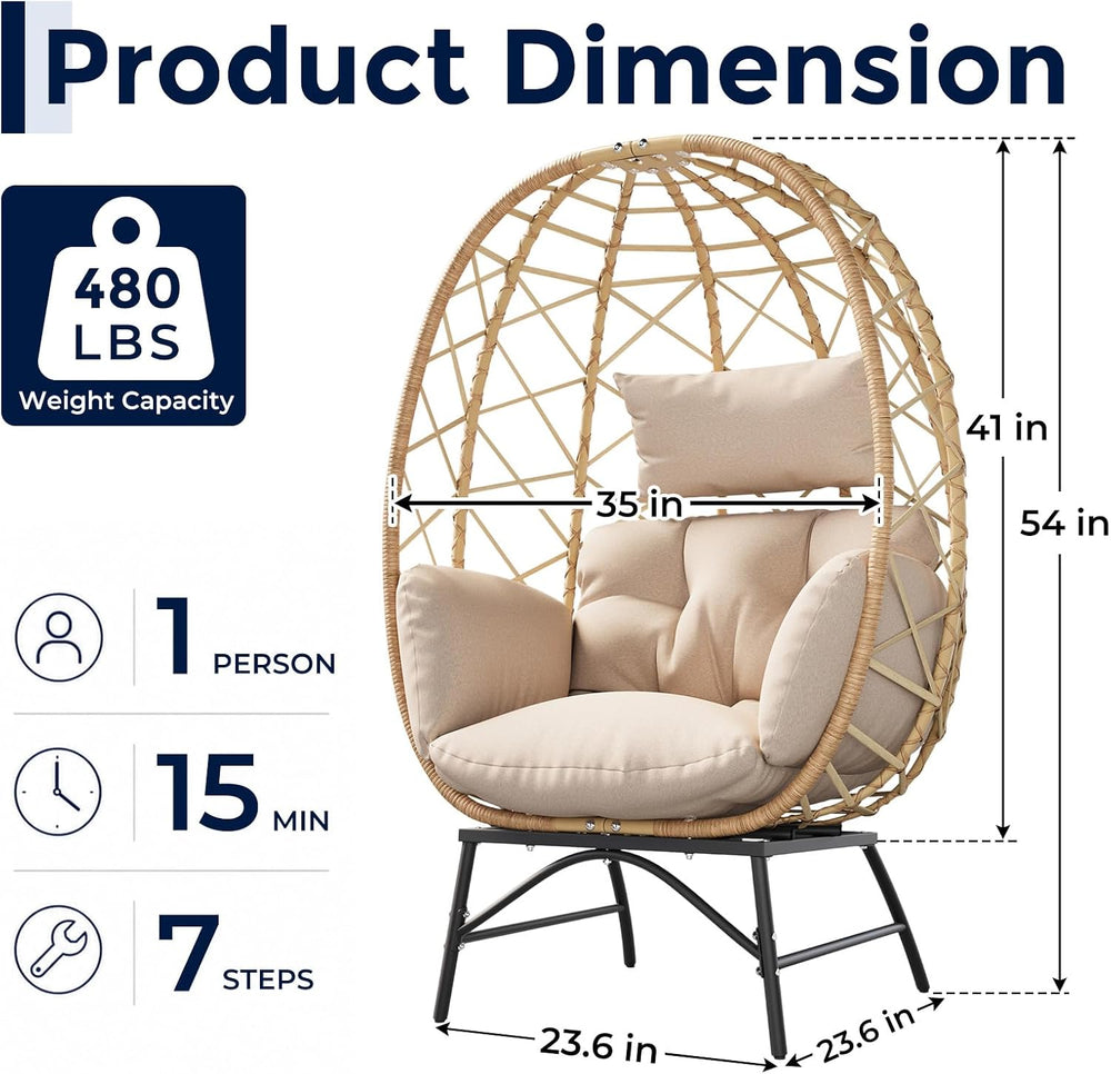 SWITTE Outdoor Wicker Egg Chair with Cushion, Patio Lounge Chair, Beige