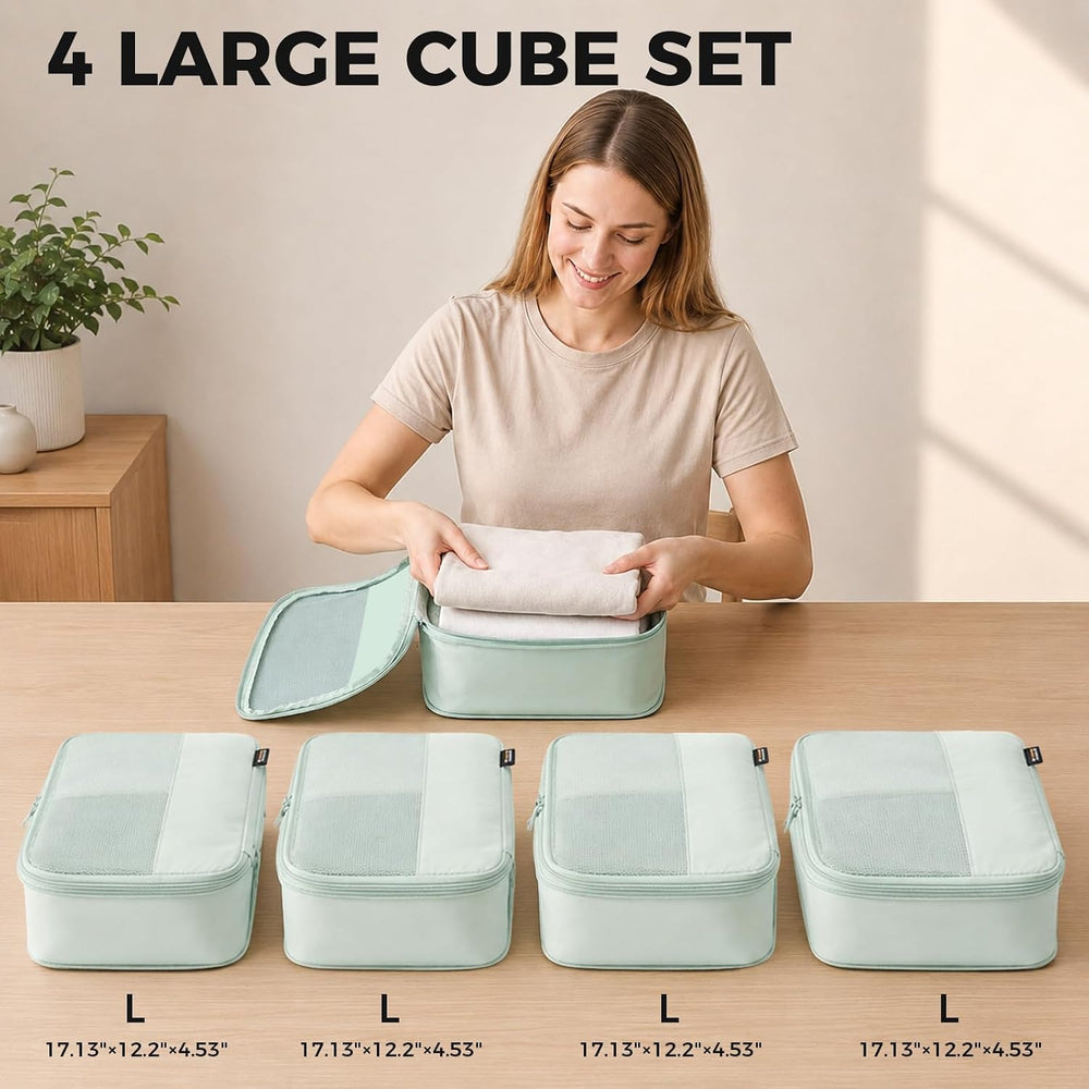 4 Large Compression Packing Cubes for 7–14 Day Travel, Light Green
