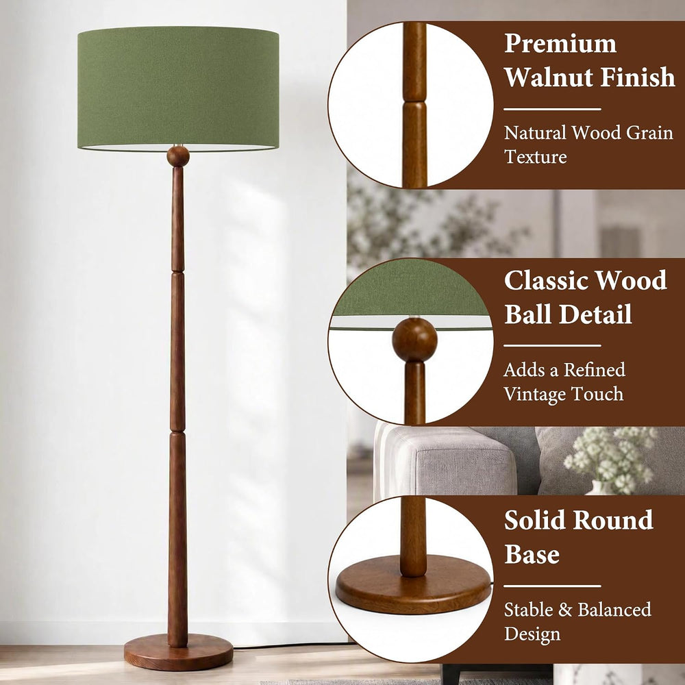 Buruis 65 Inch Single Ball Walnut Wood Floor Lamp with Linen Shade, Green