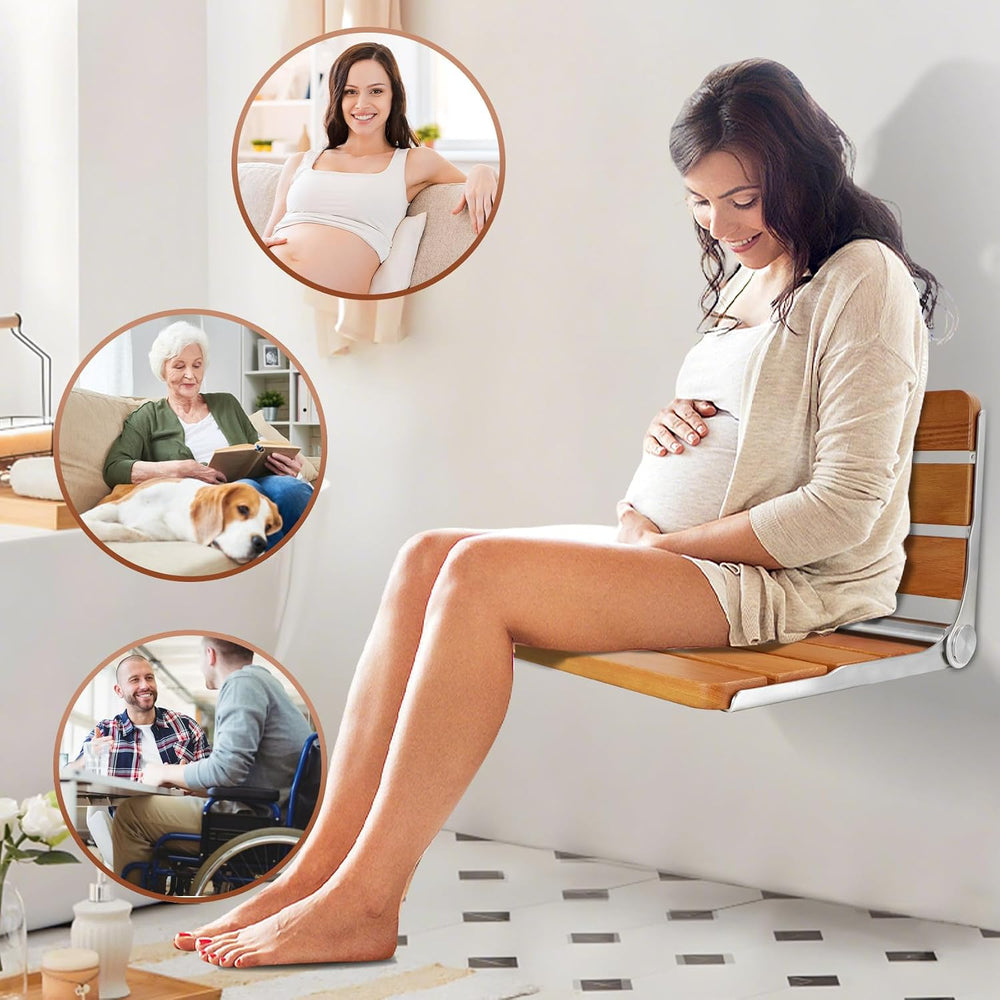 Foldable Shower Seat Wall Mounted 16 in Wide, Teak Bench for Small Shower