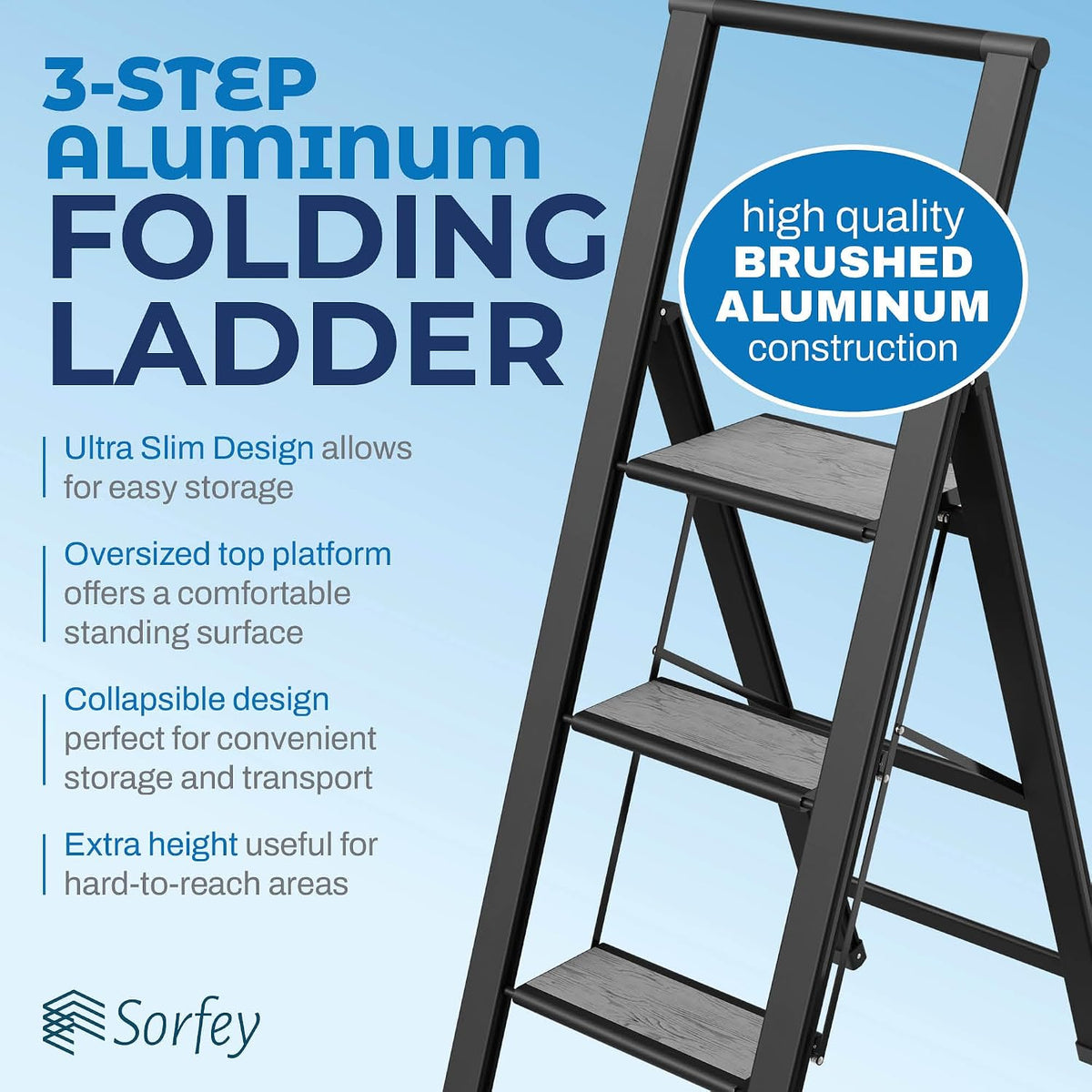 Step Ladder 3 Step Folding, Decorative - Beautiful Gray Wood & Black Aluminum, Ultra Slim Profile, Anti Slip Steps, Sturdy-Portable for Home, Office, Kitchen, Photography Use,by SORFEY
