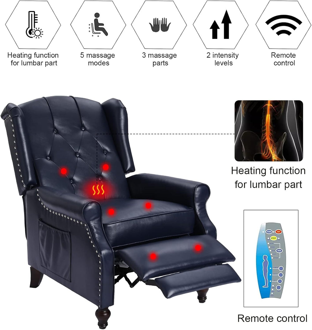 Wingback Chair, Push Back Recliner Armchair, Navy Blue, Pair