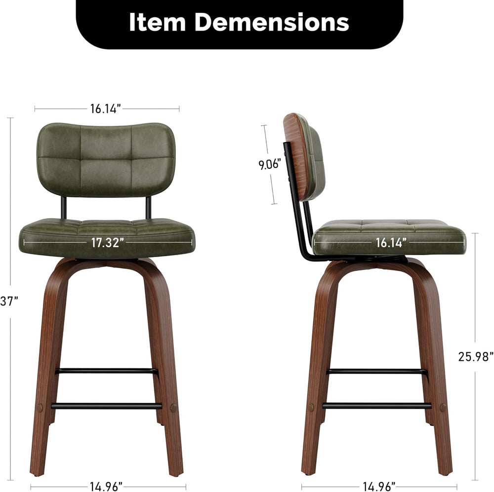 Bar Stools Set of 2 Swivel Counter PU Leather, Deep Green