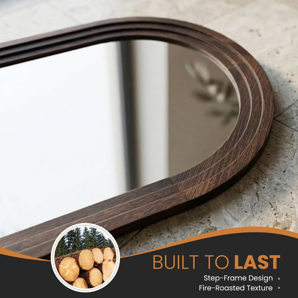 Arched Bathroom Mirror, 38"x26" Brown Wood Frame Wall Mirror