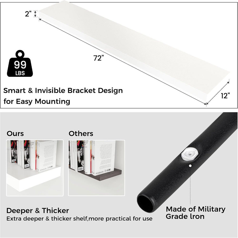 72 Inch Floating Shelves for Wall, 12"D Wood Storage Shelves, White Finish