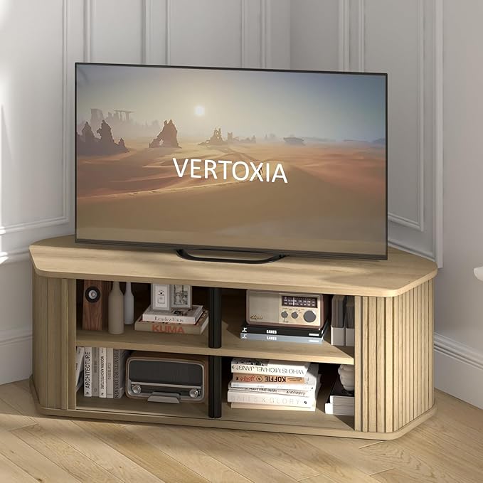 Corner TV Stand 43 Inch, Mid Century Corner Entertainment Center with Sliding Tambour Door, Media Console Table with 2 Layers Storage, Fluted TV Stand for Living Room, Bedroom, Oslo Oak