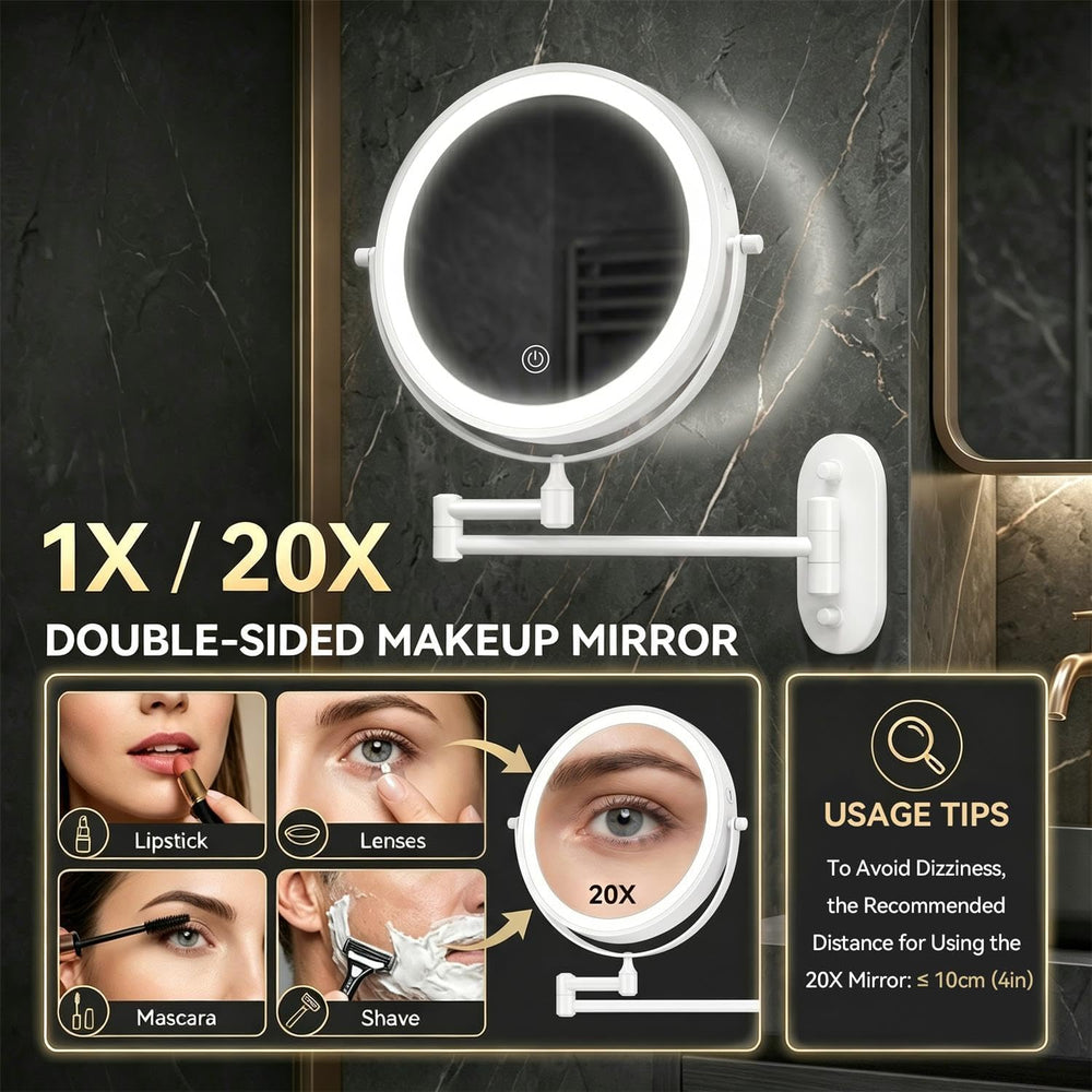 Auxmir 1X/20X Wall Mounted Makeup Mirror, 8" Rechargeable Magnifying Mirror