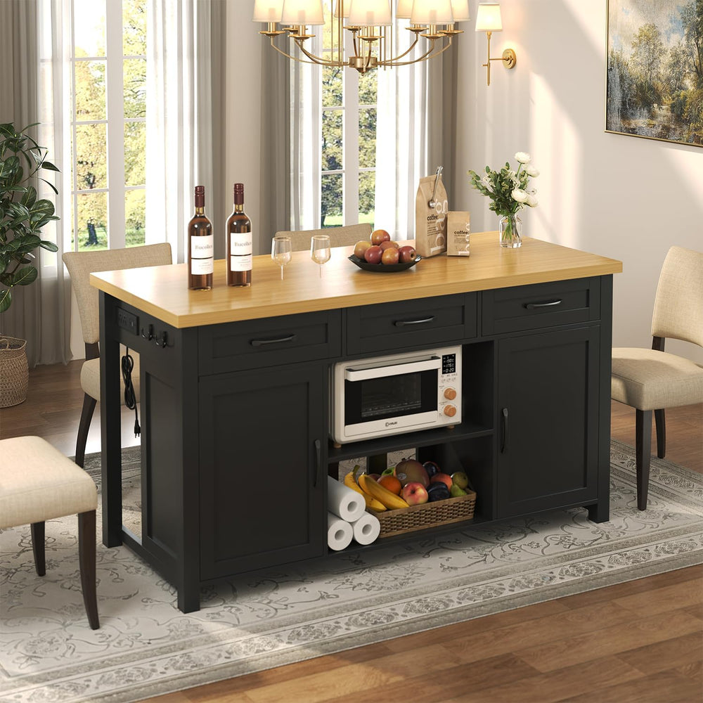 knoworld 60" Kitchen Island with Storage for Kitchen Dining Room, Black
