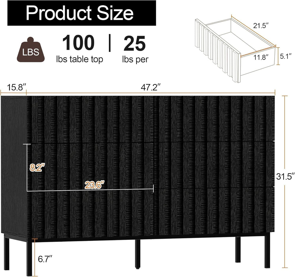 UEV 3 Piece Dresser and Nightstand Sets for Bedroom (Black)