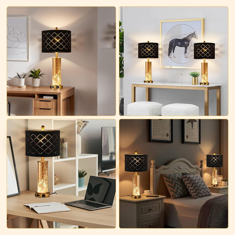 25.6" Black Table Lamps Set of 2, Tall Bedside Lamps with Nightlight, Mo...
