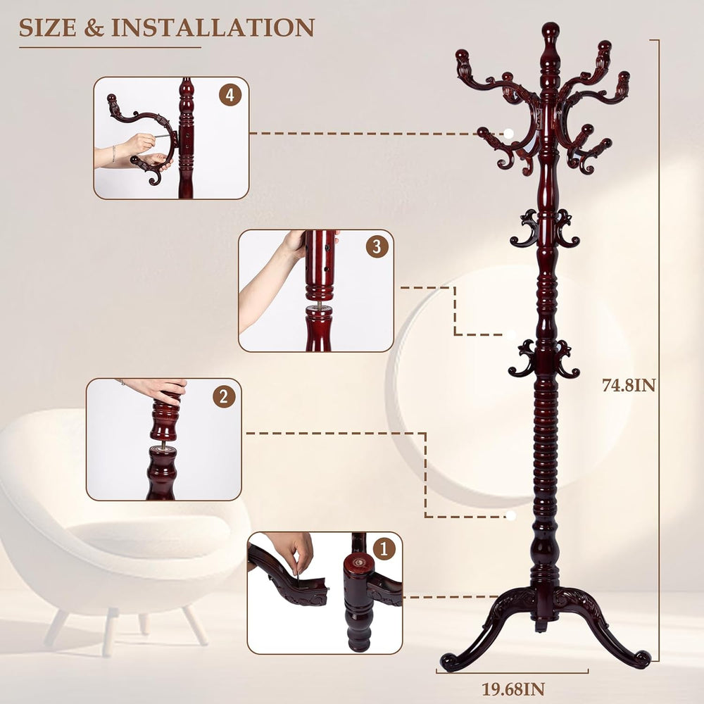 Wood Coat Rack Freestanding, Natural Coats Tree Stand with 14 Hooks, 73"...