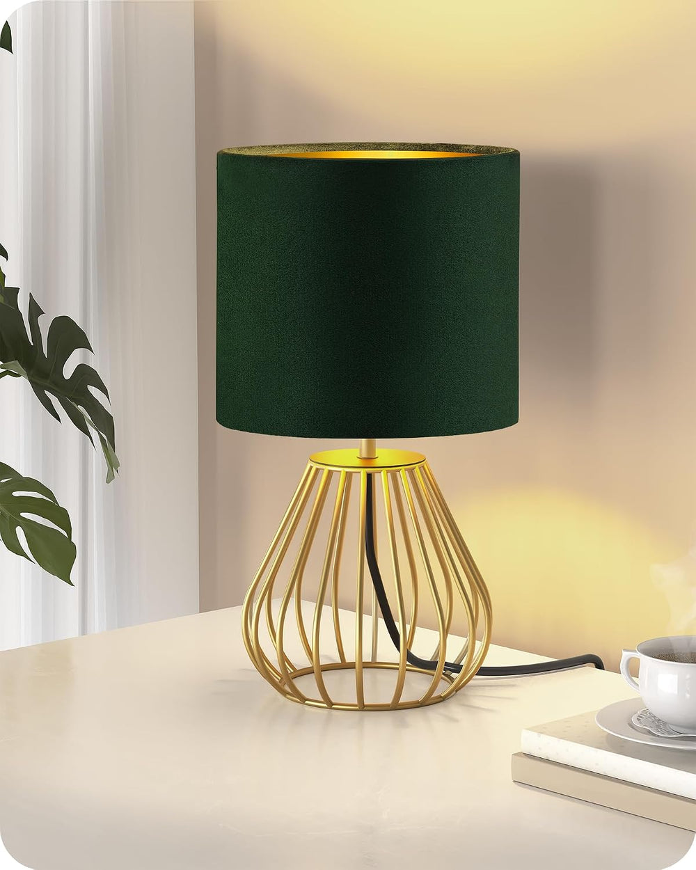 Green and Gold Table Lamp,12.6" Small Bedside Lamp with Bulb
