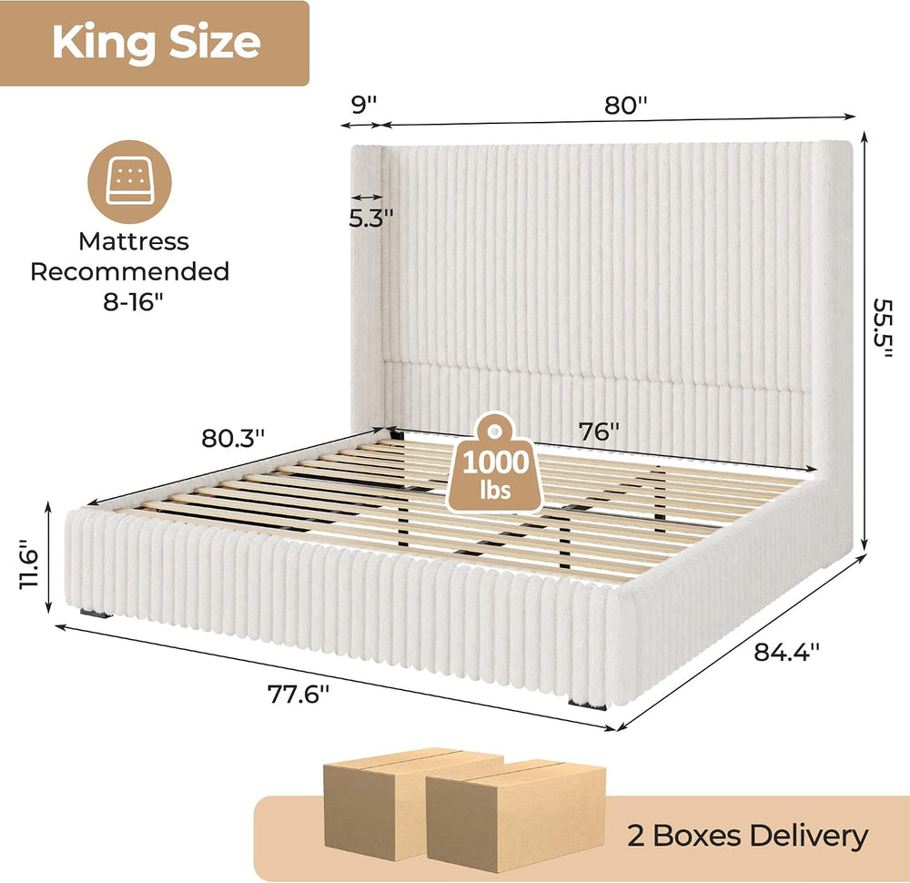 King Size 55" Tall Upholstered Bed Frame with Wingback Headboard