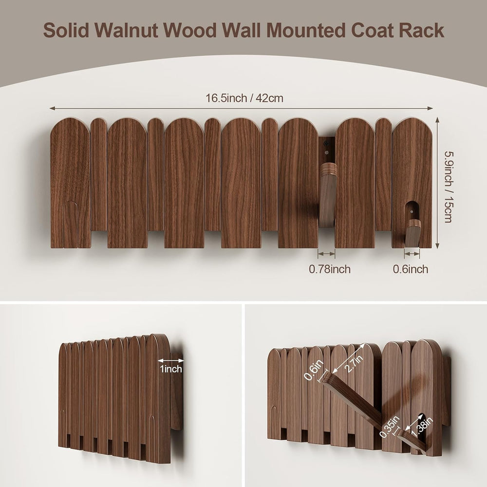 Solid Walnut Coat Rack Wall Mount 16.5",Wall Mounted Coat Rack with 8 Hooks