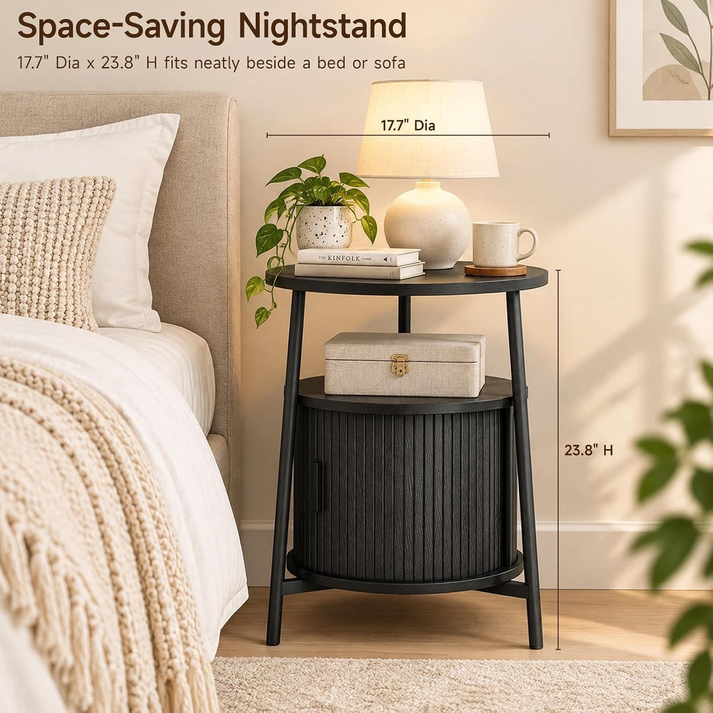 ONBRILL Round Fluted Side Table with Storage, Nightstand, 2 Sets Black