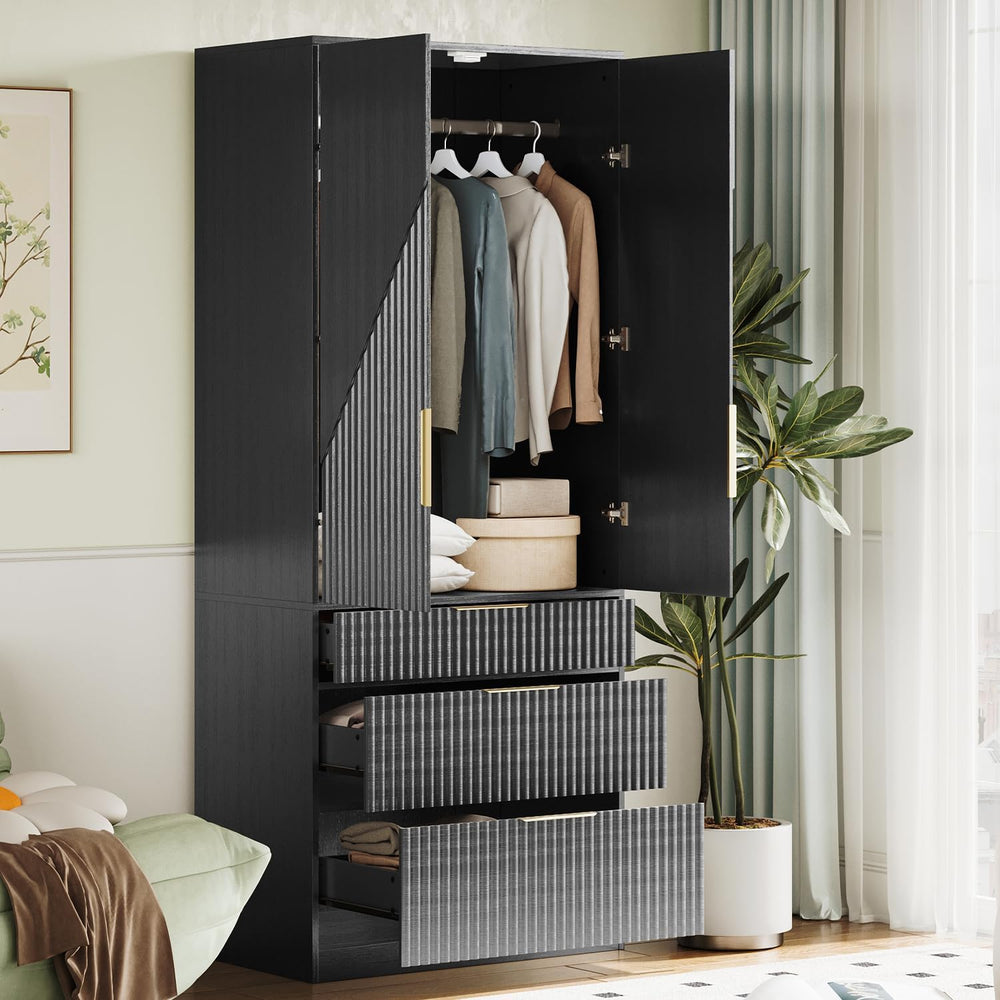 TOKSOM 70" Wardrobe Armoire Wooden Closet with 2 Doors and 3 Drawers, Be...