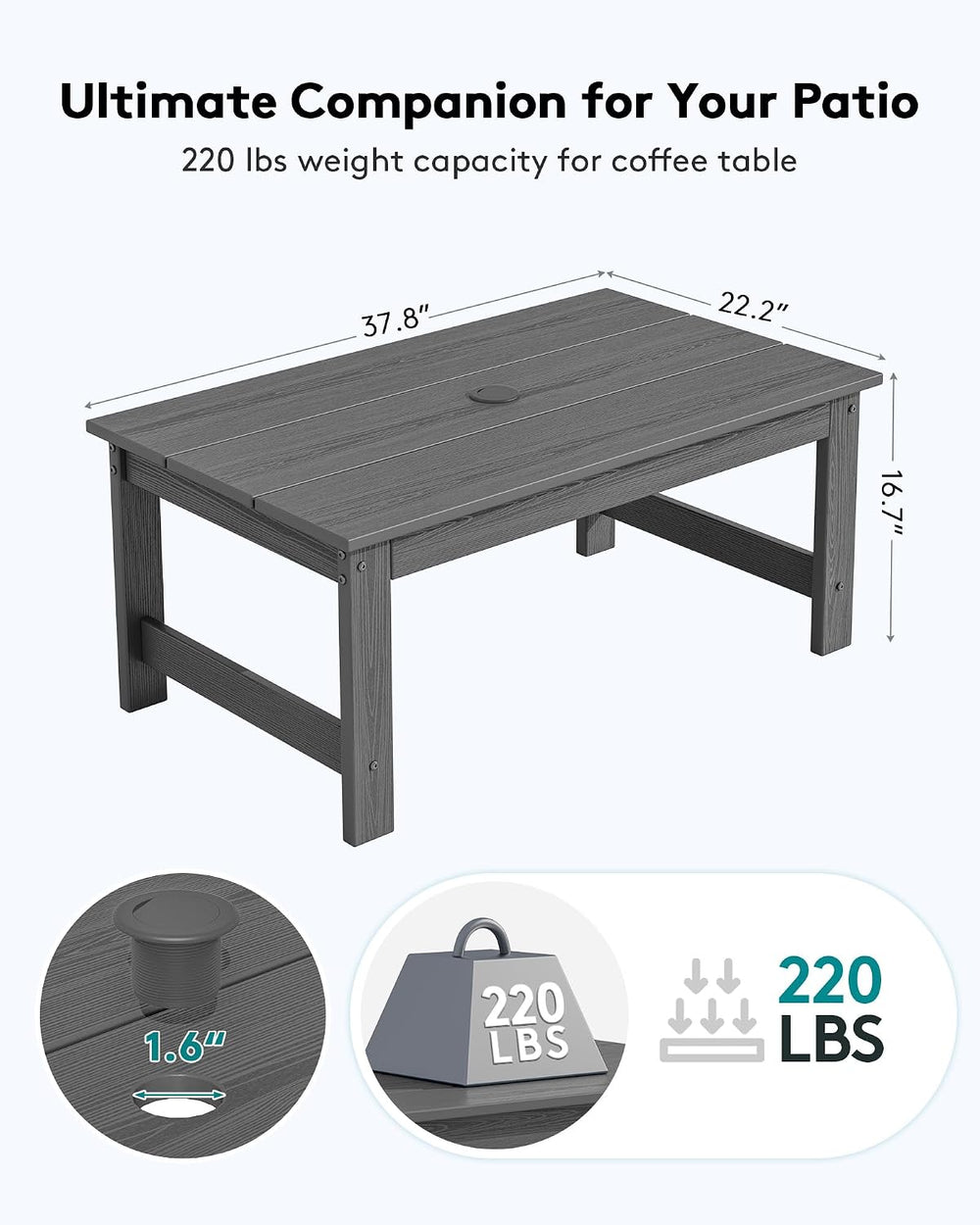 SERWALL HDPE Patio Coffee Table, Rectangle Outdoor Coffee Table, All-Weather ...
