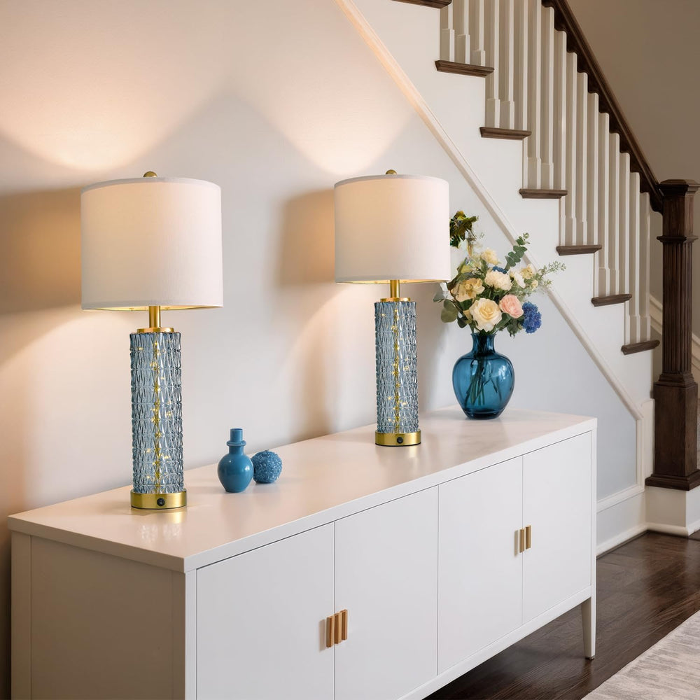 Oneach 27.75" Blue Table Lamps Set of 2 with LED Nightlight for Bedside