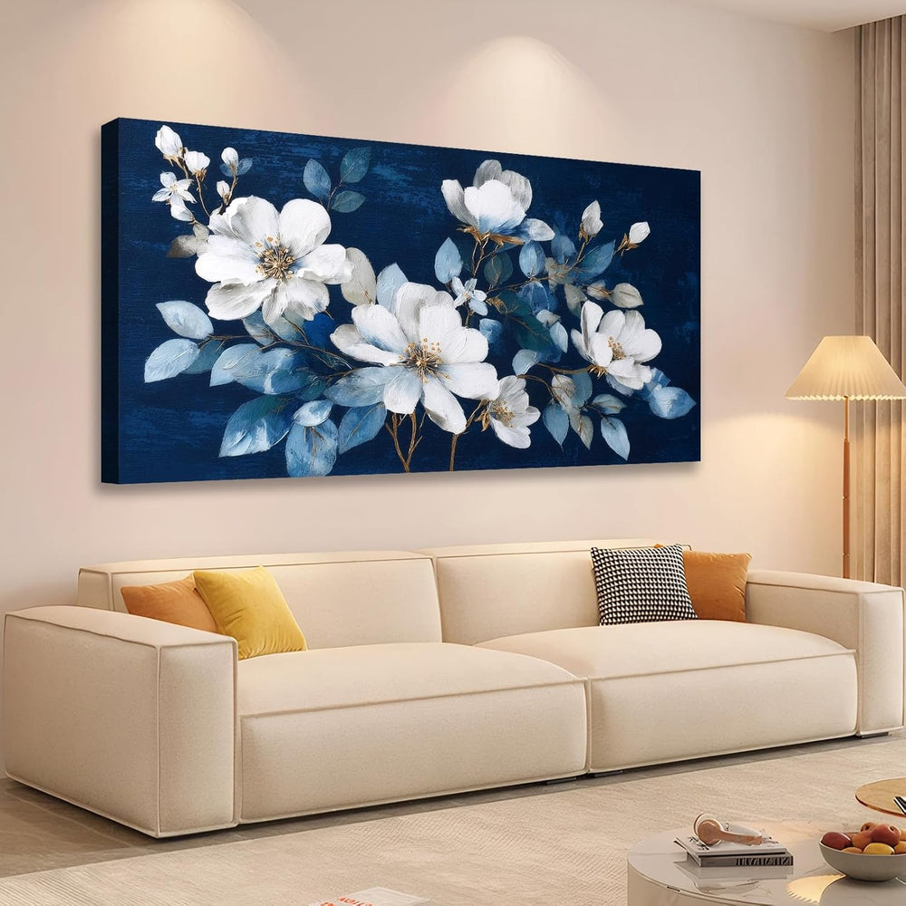 JLXART Framed Large Flower Canvas Wall Art Modern White Floral with Blue Back...