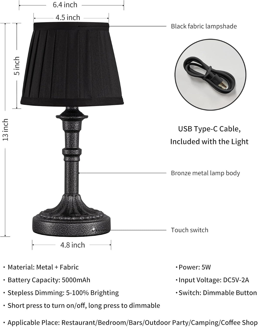 KDG Mottled Silver Cordless Table Lamps Set of 2, Black Fabric Shade Light
