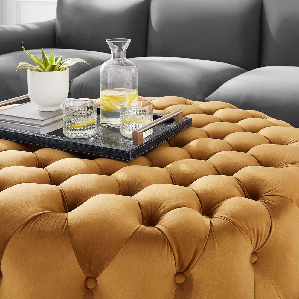 Modway Amour Tufted Button Large Round Performance Velvet Ottoman in Cognac