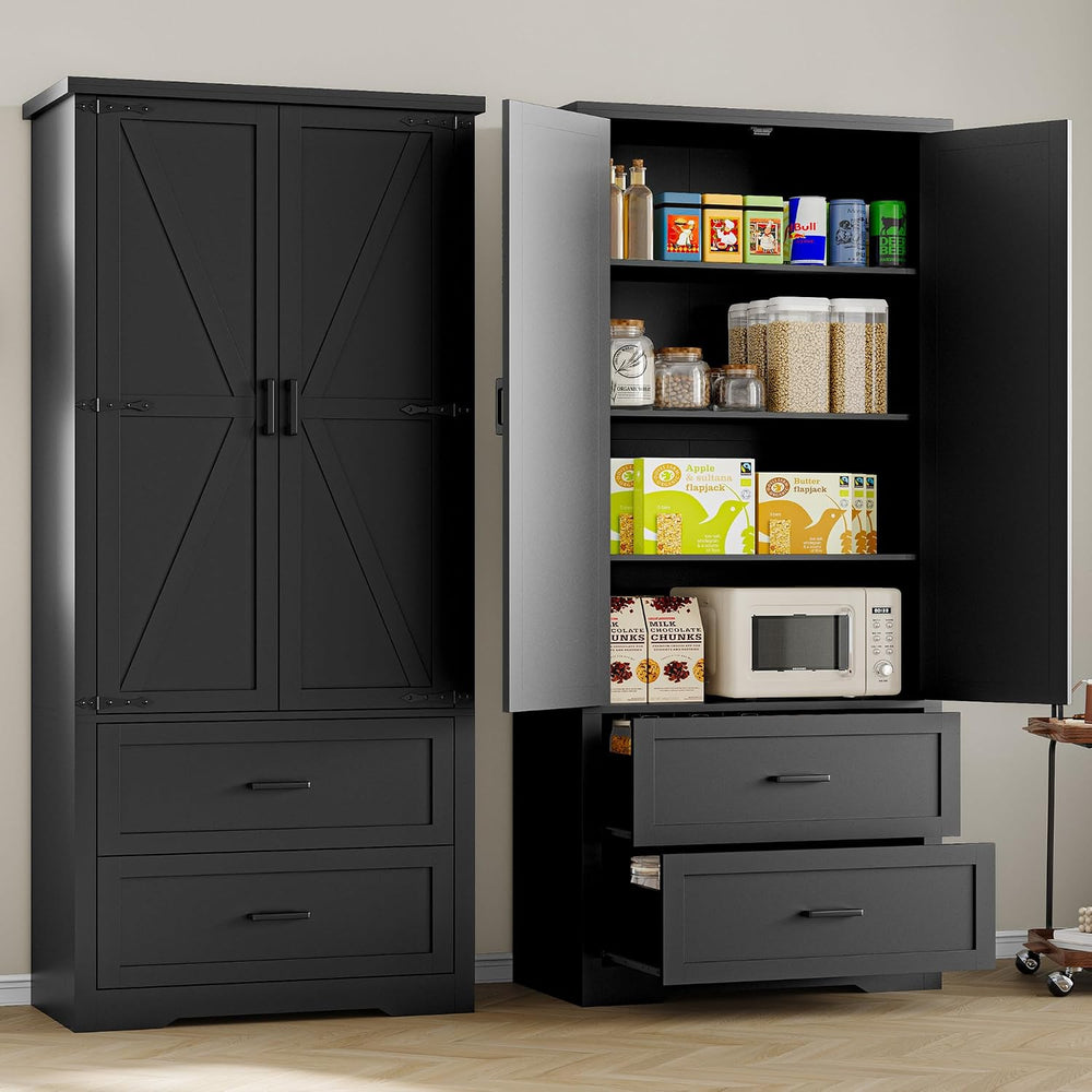 BORNOON Pantry Organizers and Storage Cabinet, 71” Barn Door Black Kitchen Ca...