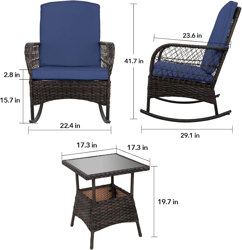 LEVELEVE 3 pcs Rocking Bistro Set Conversation Chairs with Arm Rest, Cushion ...