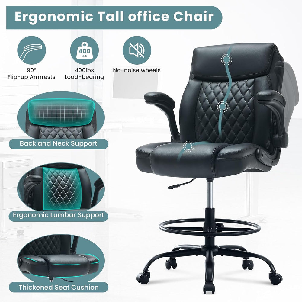 Leather Drafting Chair for Standing Desk, Tall Office Chair with Foot Ring